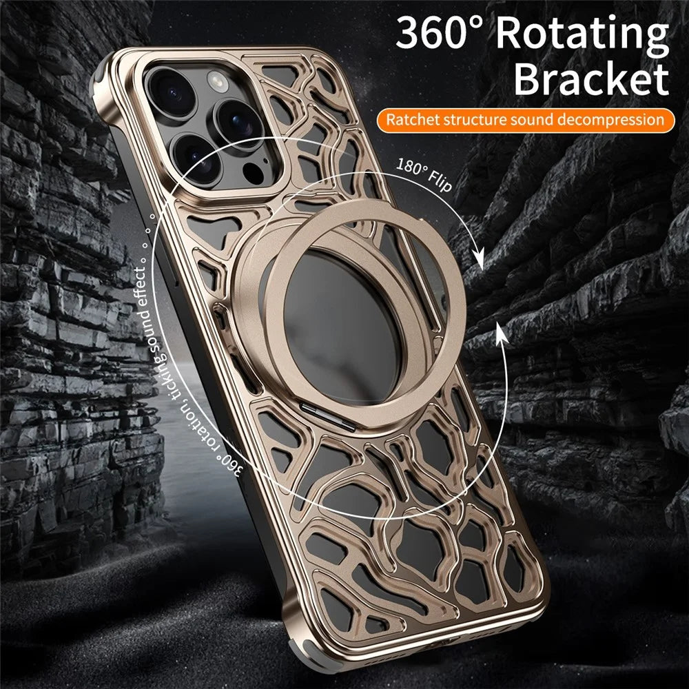 For iPhone 15 Pro Max Bumper Case Alloy Metal Borderless Back Cover with Magnetic Kickstand - Desert Gold - 4