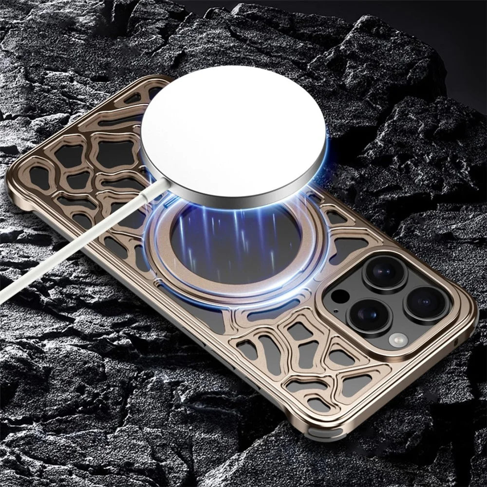 For iPhone 15 Pro Max Bumper Case Alloy Metal Borderless Back Cover with Magnetic Kickstand - Desert Gold - 6