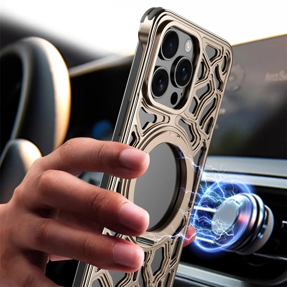 For iPhone 15 Pro Max Bumper Case Alloy Metal Borderless Back Cover with Magnetic Kickstand - Desert Gold - 7
