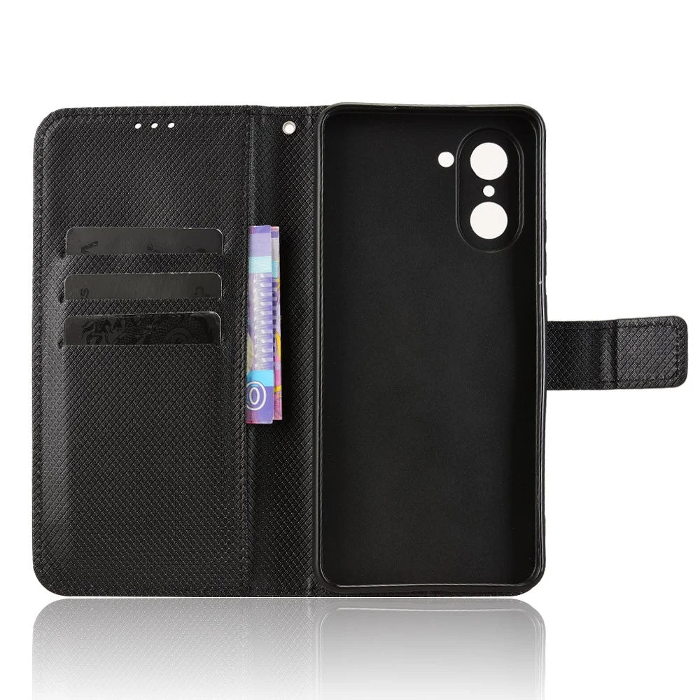 For OnePlus Nord CE5 5G / Ace 5 Racing 5G Leather Wallet Case with Strap Diamond Texture Phone Cover - Black - 5