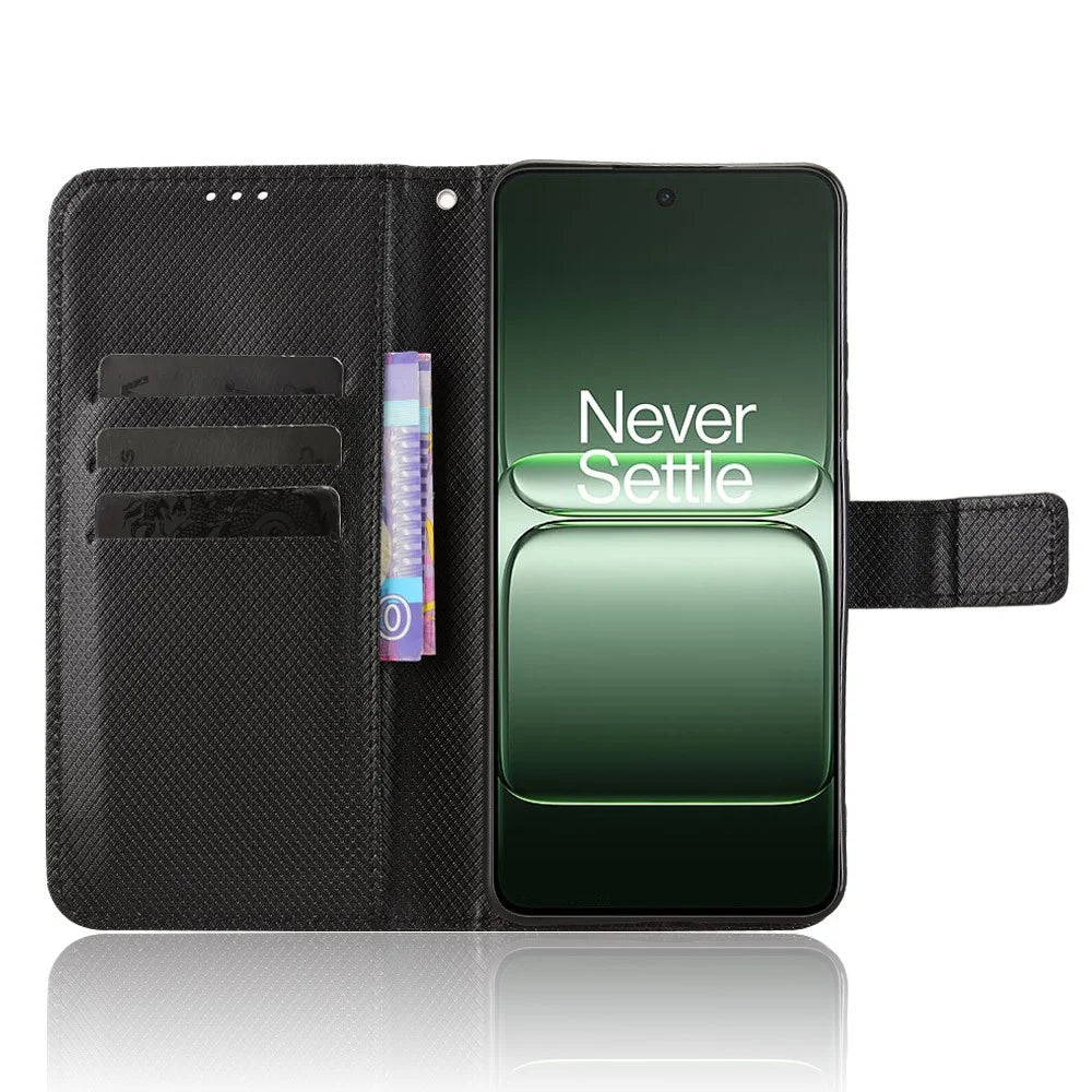 For OnePlus Nord CE5 5G / Ace 5 Racing 5G Leather Wallet Case with Strap Diamond Texture Phone Cover - Black - 6