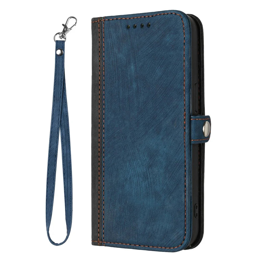 For Samsung Galaxy A08 5G / A08 4G / A07 4G / A06 4G / A06 5G PU Leather Case with Strap Phone Cover Stand Side Magnetic Button Design - Black+Royal Blue - 2