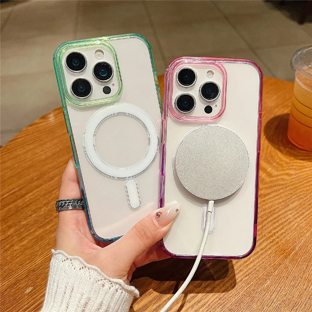 For iPhone 15 Pro Max Magnetic Case Color Matching TPU + Acrylic Gradient Clear Phone Cover - Blue / Pink - 2