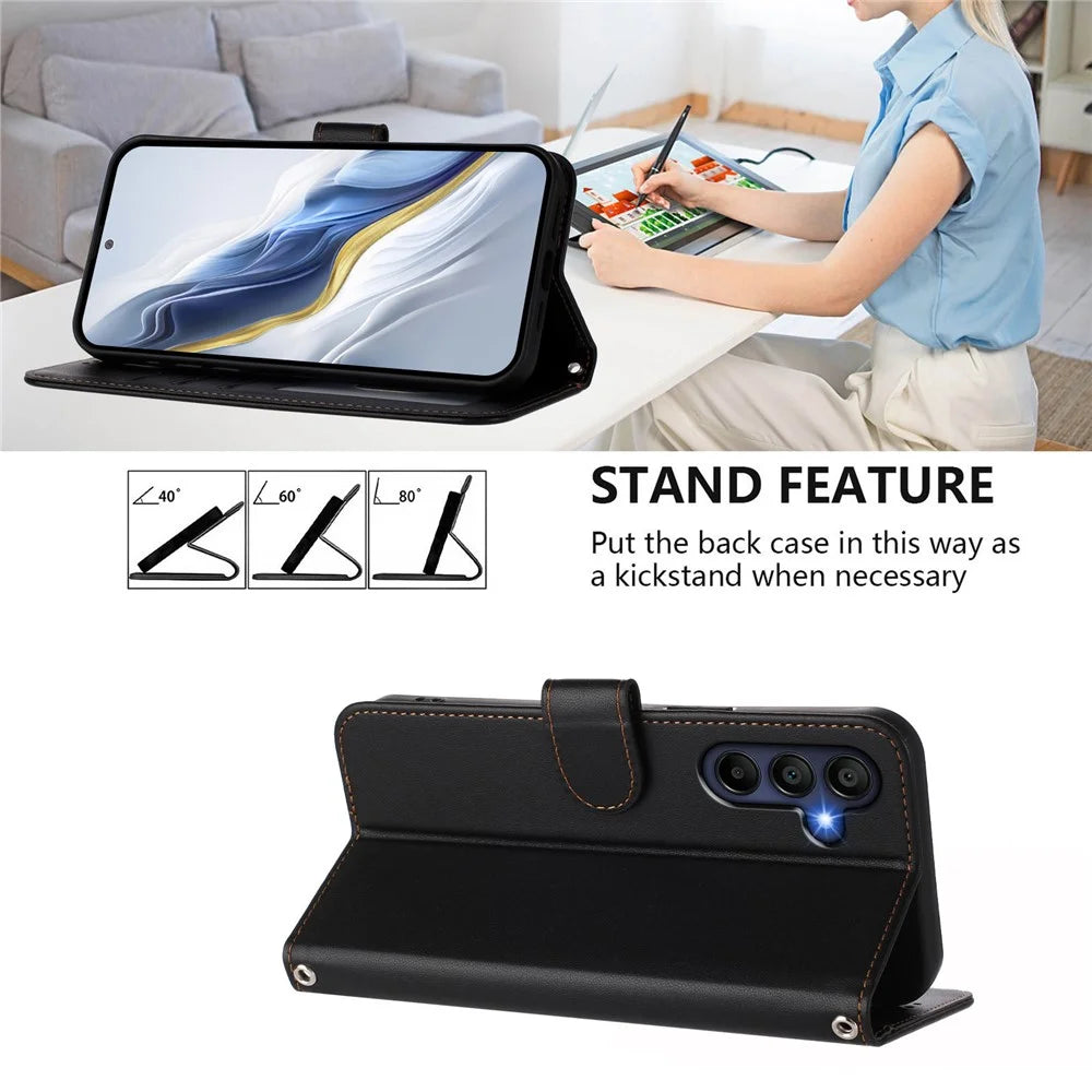 For Samsung Galaxy A18 5G / A18 4G / A17 5G / A17 4G / A26 5G Leather Case Wallet Stand Phone Cover with Wrist Strap - Black - 4