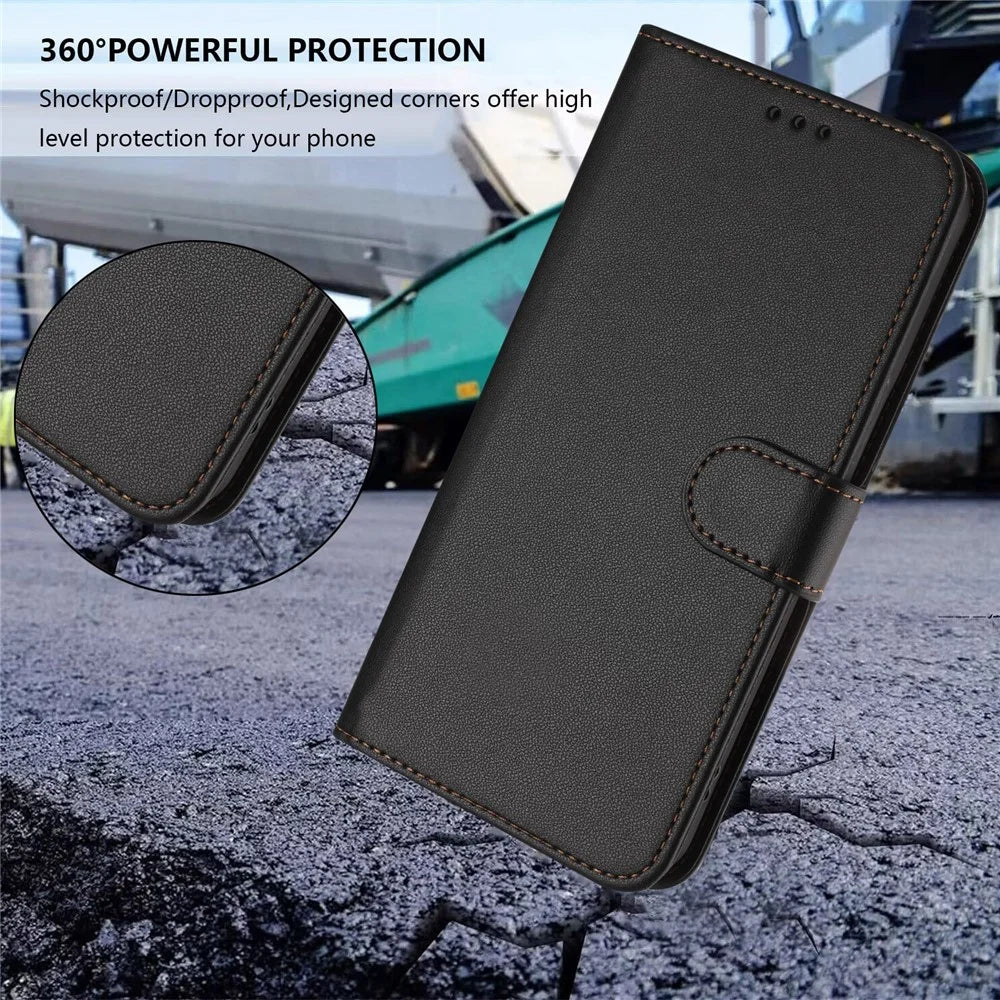 For Samsung Galaxy S25 Ultra Leather Case Wallet Stand Phone Cover with Wrist Strap - Black - 6