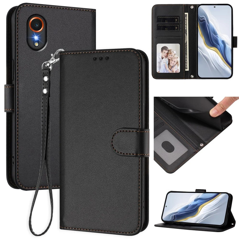 For Samsung Galaxy Xcover7 Leather Case Wallet Stand Phone Cover with Wrist Strap - Black - 2