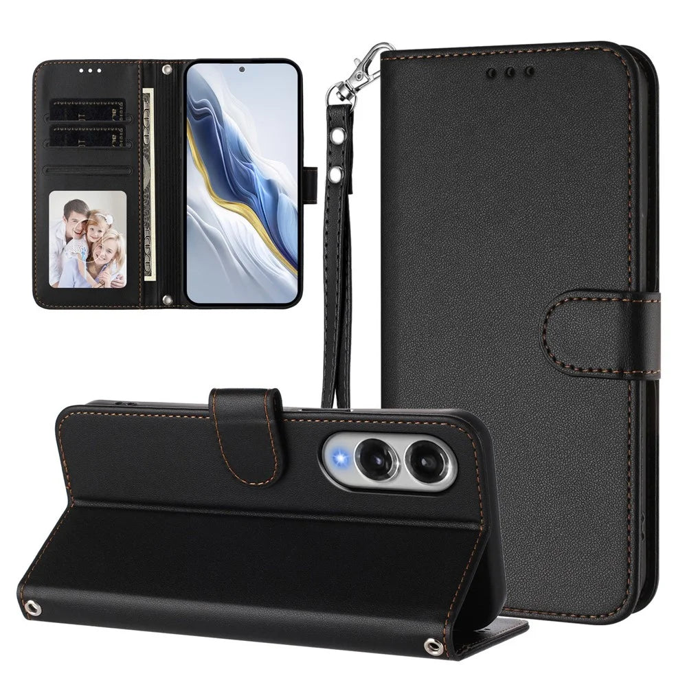 For Samsung Galaxy S25 Edge Leather Case Wallet Stand Phone Cover with Wrist Strap - Black - 3