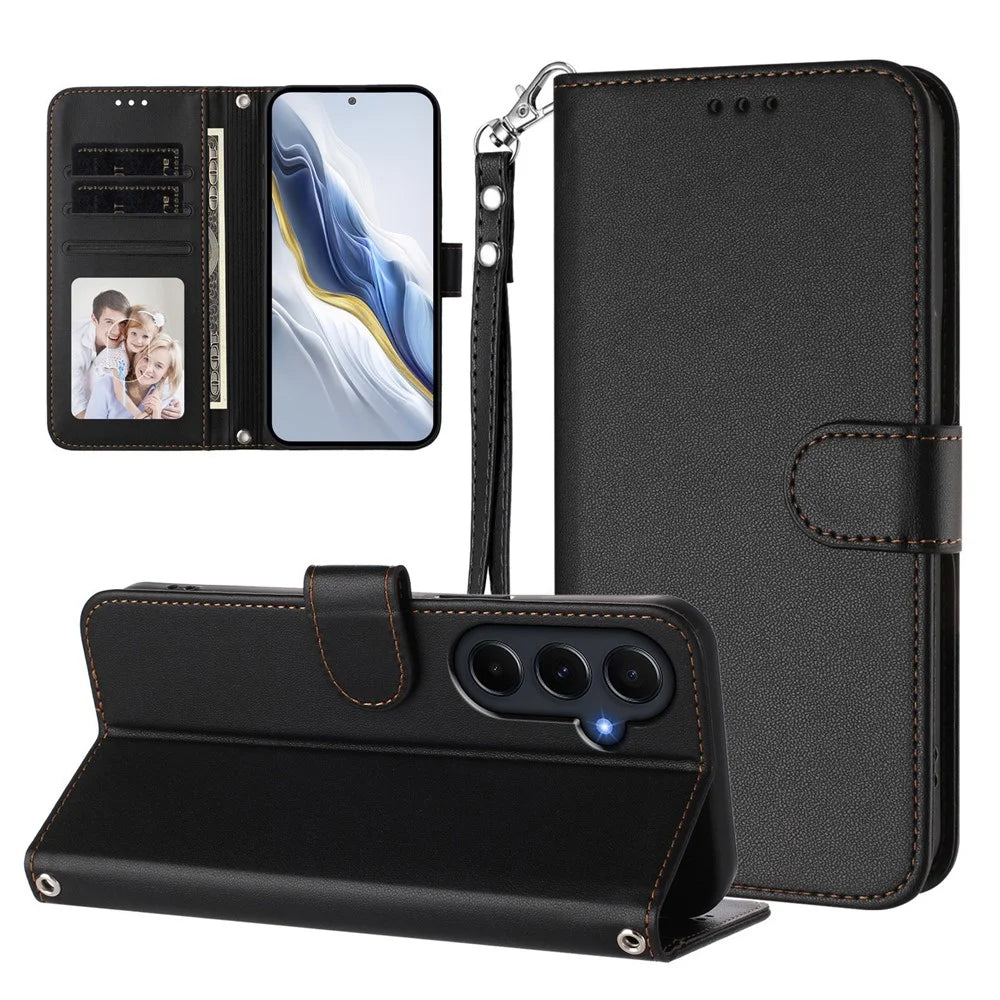For Samsung Galaxy A55 5G Leather Case Wallet Stand Phone Cover with Wrist Strap - Black - 3