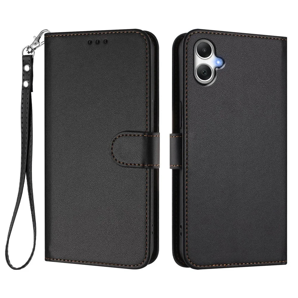For Samsung Galaxy A06 4G / Galaxy A06 5G Leather Case Wallet Stand Phone Cover with Wrist Strap - Black - 1