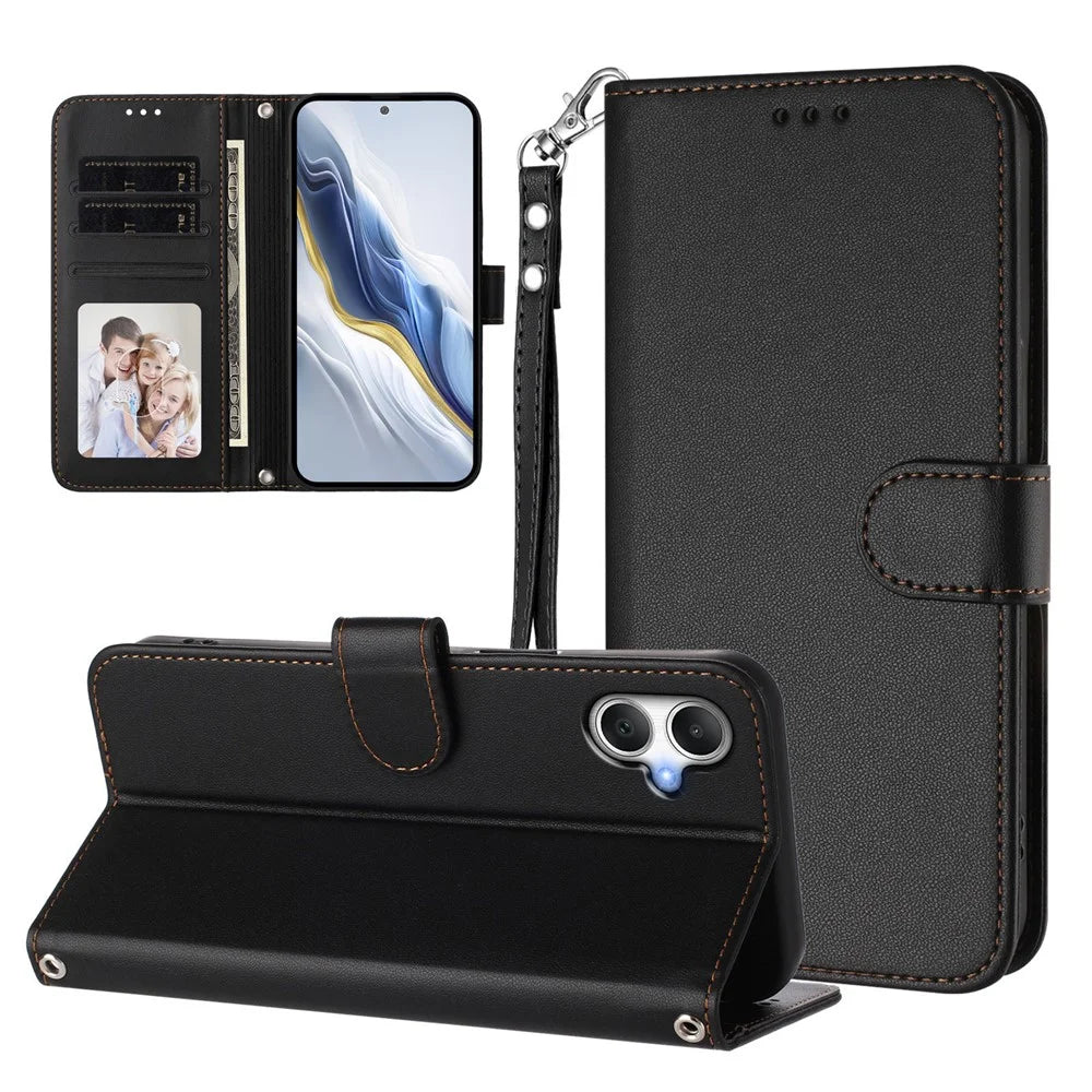For Samsung Galaxy A06 4G / Galaxy A06 5G Leather Case Wallet Stand Phone Cover with Wrist Strap - Black - 3