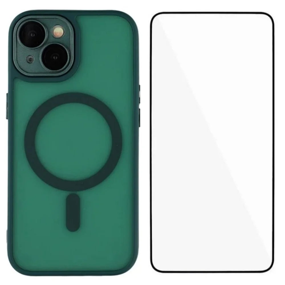 WANLONFENG For iPhone 15 Case Compatible with MagSafe  QB Series PC TPU Phone Cover with Screen Film - Dark Green - 1