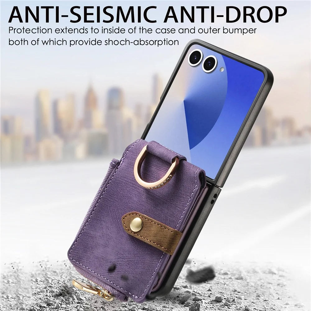 For Samsung Galaxy Z Flip7 5G Case Zipper Pocket Card Holder Retro Texture Leather Back Cover - Purple - 6