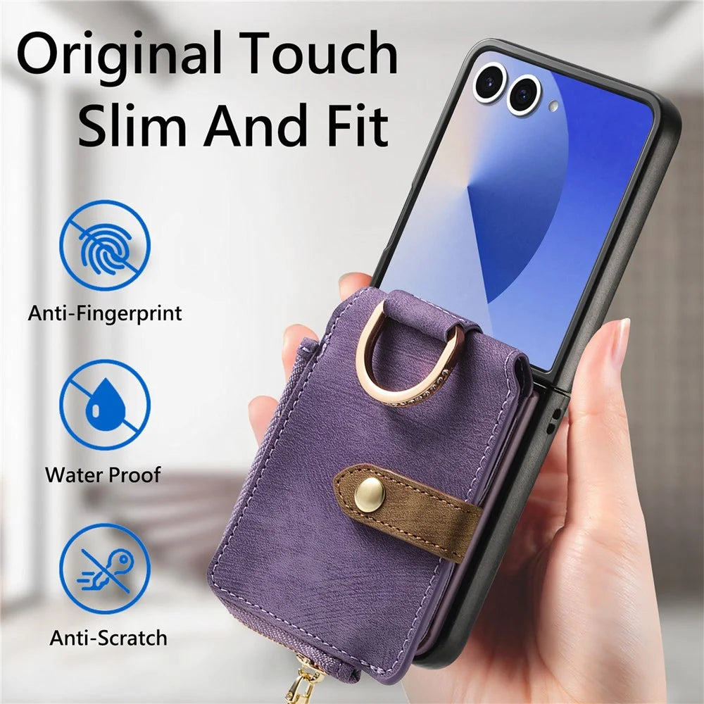 For Samsung Galaxy Z Flip7 5G Case Zipper Pocket Card Holder Retro Texture Leather Back Cover - Purple - 7
