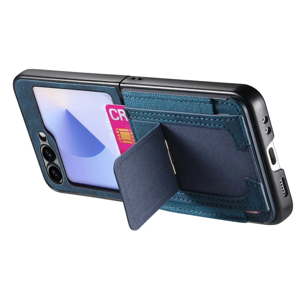 For Samsung Galaxy Z Flip7 FE 5G / Z Flip6 5G Case Kickstand Retro Leather Back Cover with Card Holder - Blue - 3