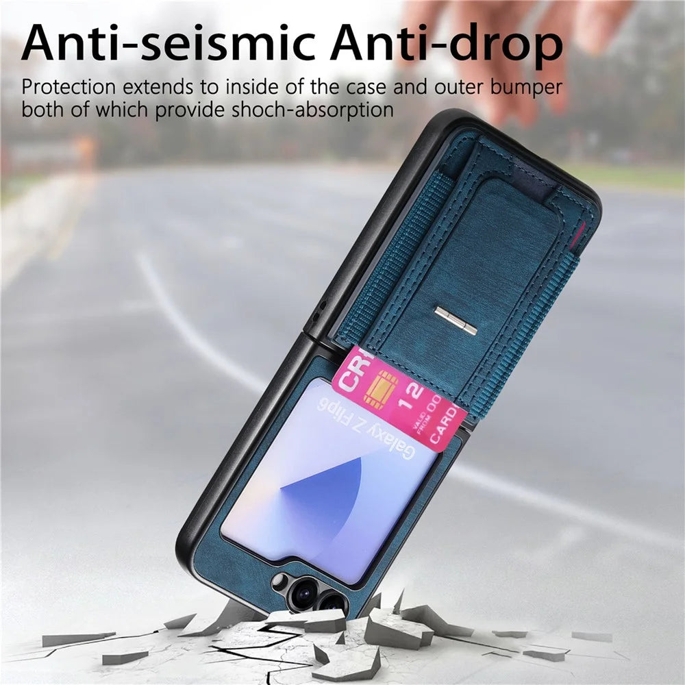For Samsung Galaxy Z Flip7 FE 5G / Z Flip6 5G Case Kickstand Retro Leather Back Cover with Card Holder - Blue - 6