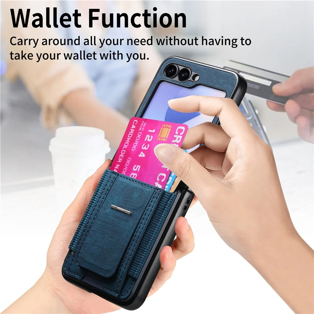 For Samsung Galaxy Z Flip7 FE 5G / Z Flip6 5G Case Kickstand Retro Leather Back Cover with Card Holder - Blue - 7