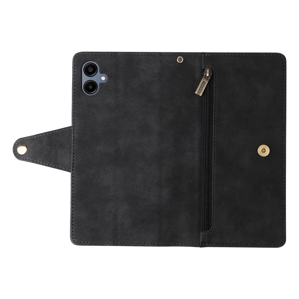 Phone Case For Samsung Galaxy A08 5G / A08 4G / A07 4G / A06 4G / A06 5G Zipper Wallet Rivet Decor Leather Cover with Wrist Strap - Black - 5
