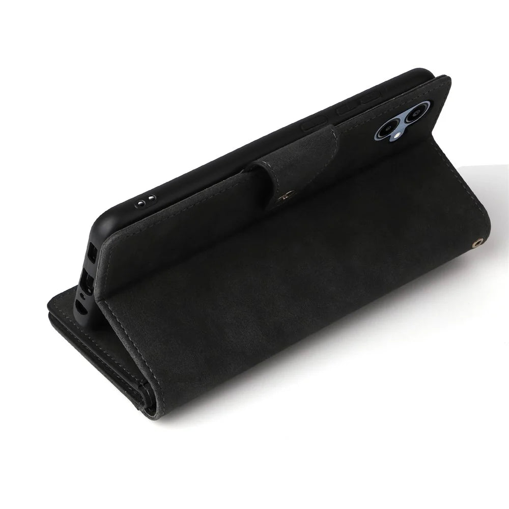 Phone Case For Samsung Galaxy A08 5G / A08 4G / A07 4G / A06 4G / A06 5G Zipper Wallet Rivet Decor Leather Cover with Wrist Strap - Black - 7