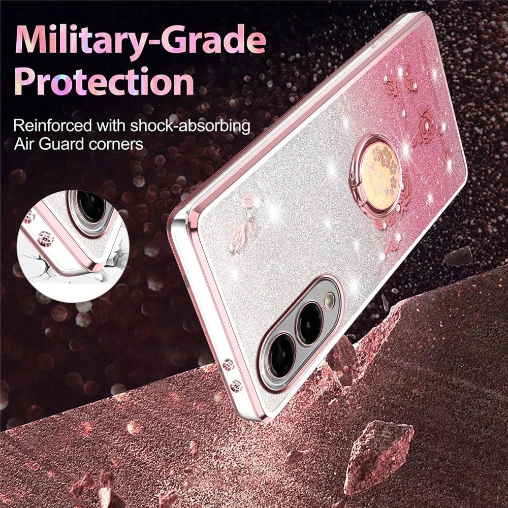 KADEM For Samsung Galaxy S25 Edge Case Ring Kickstand TPU Flowers Phone Cover Gradient Glitter - Pink - 4