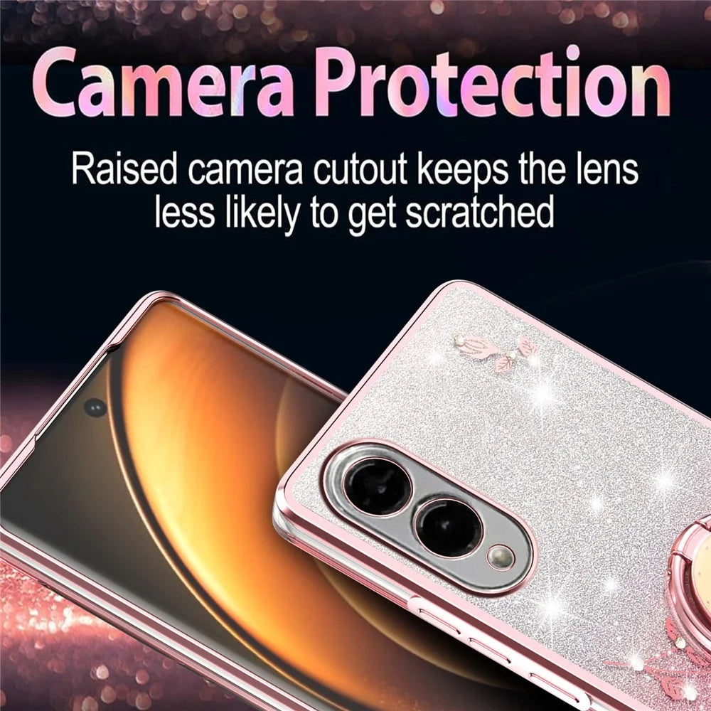 KADEM For Samsung Galaxy S25 Edge Case Ring Kickstand TPU Flowers Phone Cover Gradient Glitter - Pink - 5