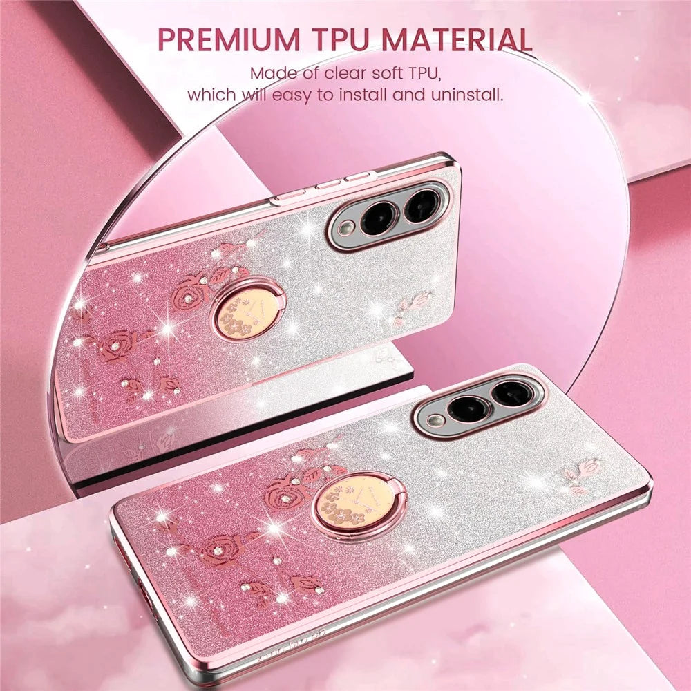 KADEM For Samsung Galaxy S25 Edge Case Ring Kickstand TPU Flowers Phone Cover Gradient Glitter - Pink - 7