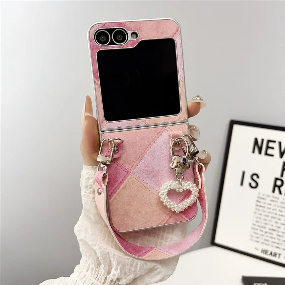 For Samsung Galaxy Z Flip5 5G Case Retro Rhombus PU + PC Phone Cover with Love Pendant and Strap - Pink - 2