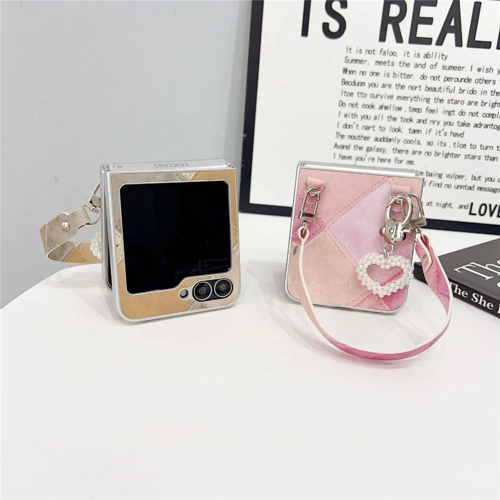 For Samsung Galaxy Z Flip5 5G Case Retro Rhombus PU + PC Phone Cover with Love Pendant and Strap - Pink - 3