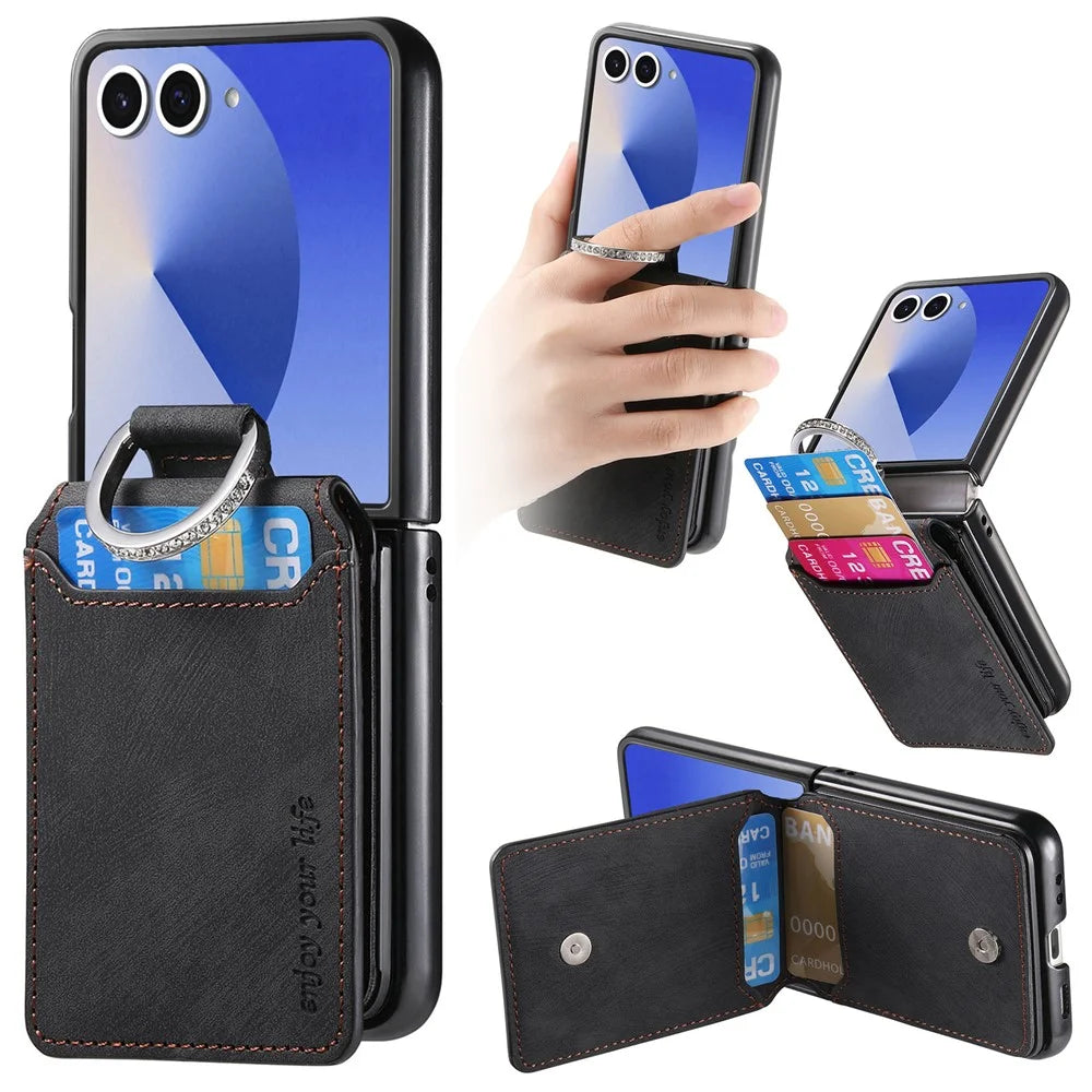 For Samsung Galaxy Z Flip7 5G Case Card Holder Kickstand Retro Texture Leather Back Cover - Black - 1