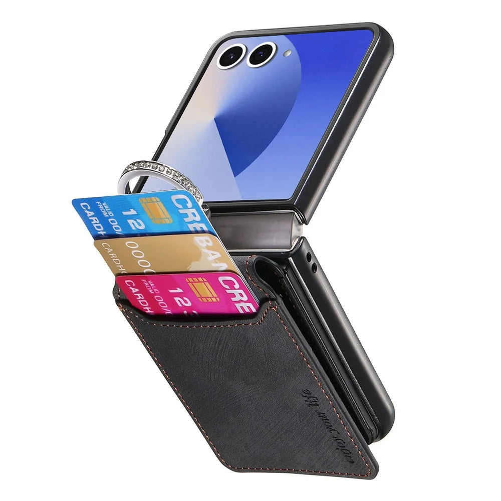 For Samsung Galaxy Z Flip7 5G Case Card Holder Kickstand Retro Texture Leather Back Cover - Black - 3