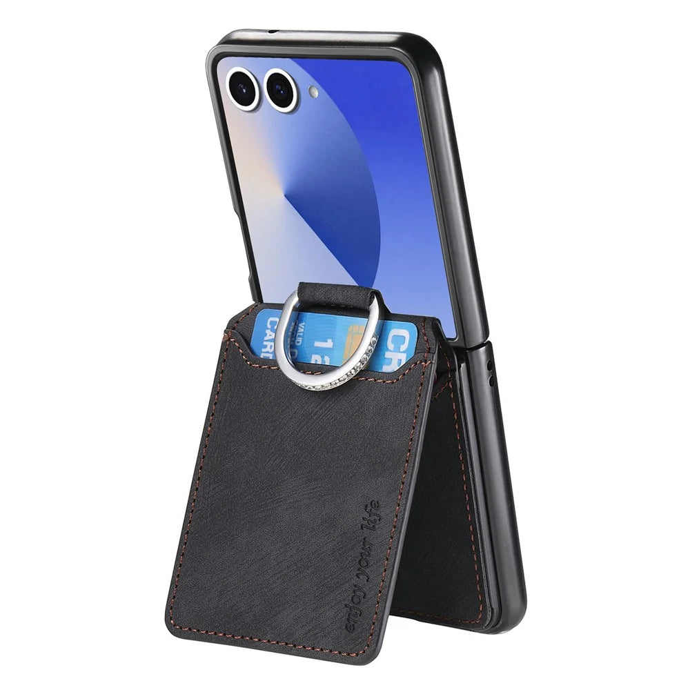 For Samsung Galaxy Z Flip7 5G Case Card Holder Kickstand Retro Texture Leather Back Cover - Black - 4