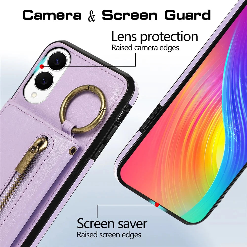 For Samsung Galaxy S25 Edge Leather Back Cover Zipper Wallet Kickstand Phone Case with Shoulder Strap - Purple - 7