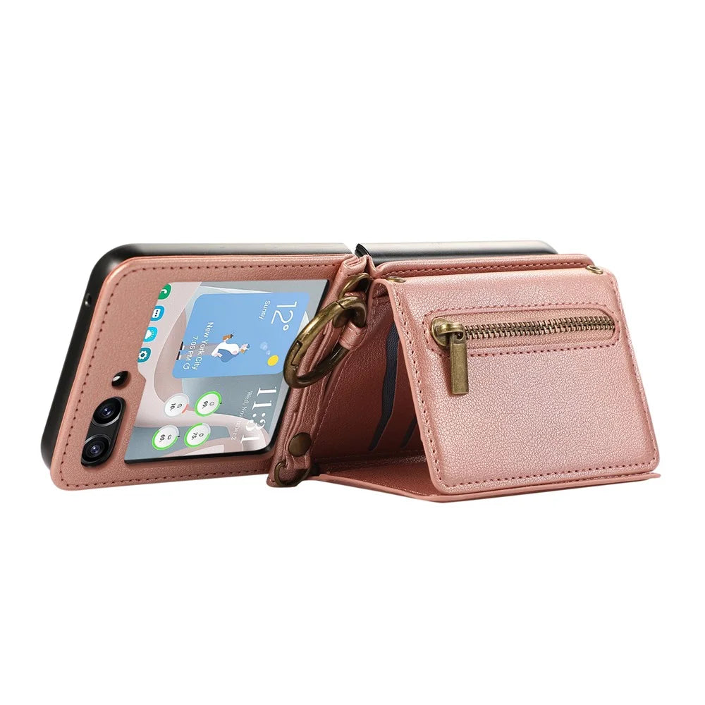For Samsung Galaxy Z Flip5 5G Leather Back Cover Zipper Wallet Kickstand Phone Case with Shoulder Strap - Pink - 3
