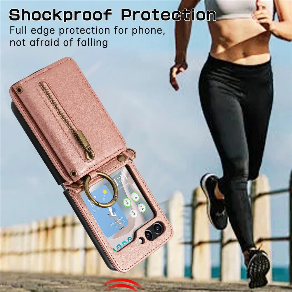 For Samsung Galaxy Z Flip5 5G Leather Back Cover Zipper Wallet Kickstand Phone Case with Shoulder Strap - Pink - 4