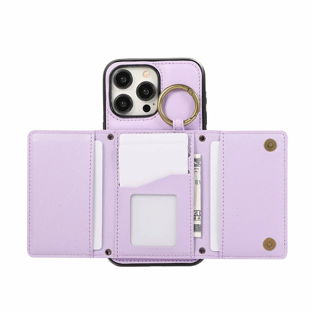 For iPhone 16 Pro Leather Back Cover Zipper Wallet Kickstand Phone Case with Shoulder Strap - Purple - 4