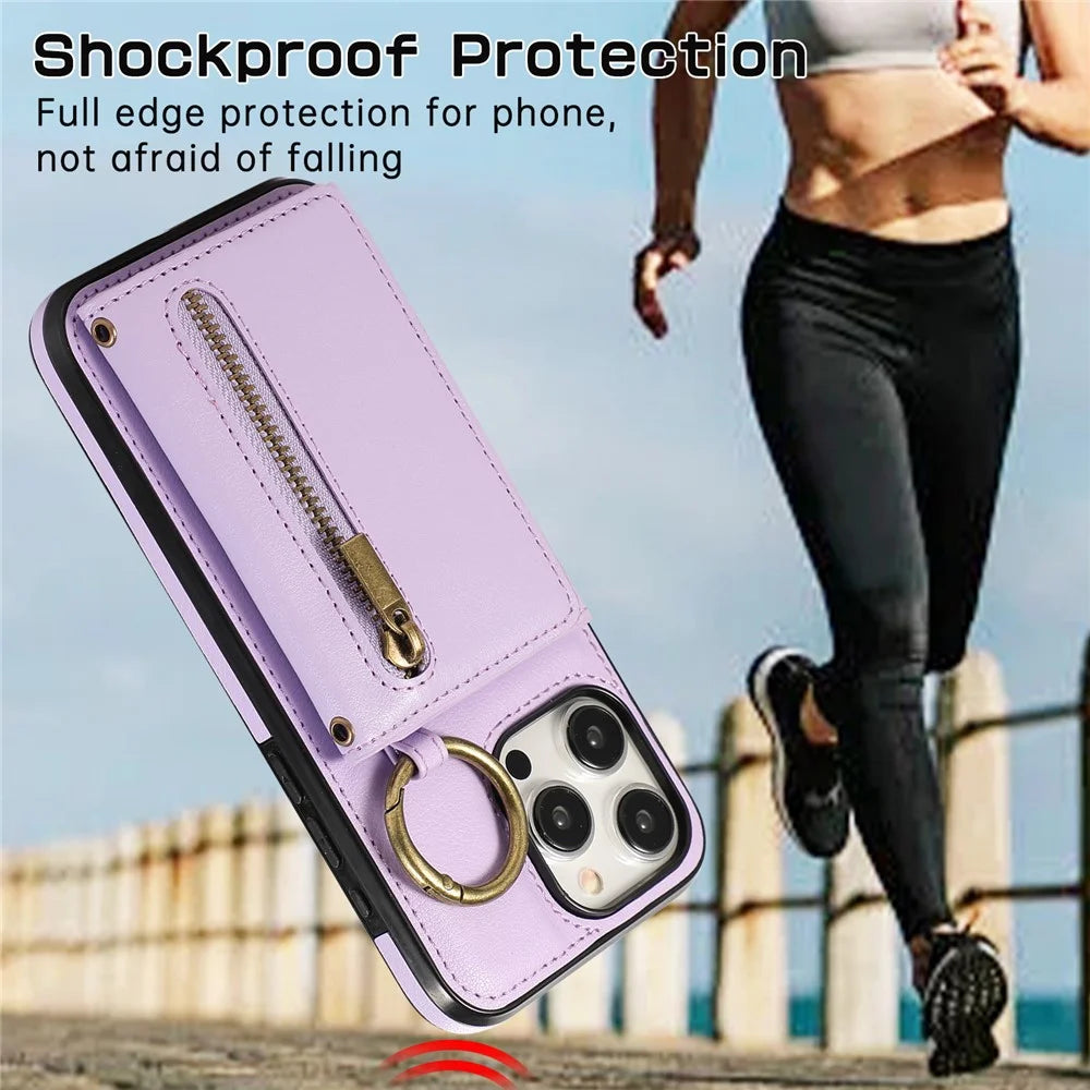 For iPhone 16 Pro Leather Back Cover Zipper Wallet Kickstand Phone Case with Shoulder Strap - Purple - 7
