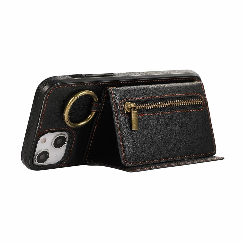For iPhone 14  /  13 Leather Back Cover Zipper Wallet Kickstand Phone Case with Shoulder Strap - Black - 2