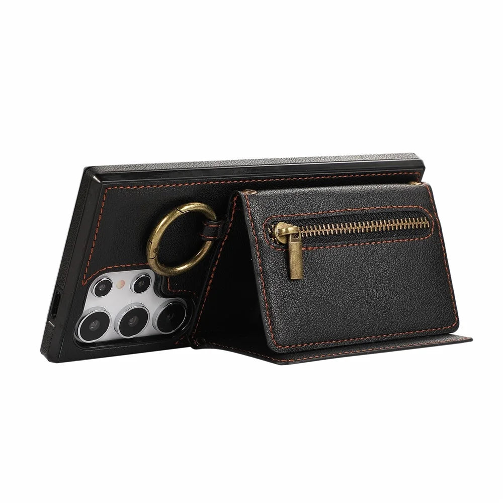 For Samsung Galaxy S25 Ultra Leather Back Cover Zipper Wallet Kickstand Phone Case with Shoulder Strap - Black - 3