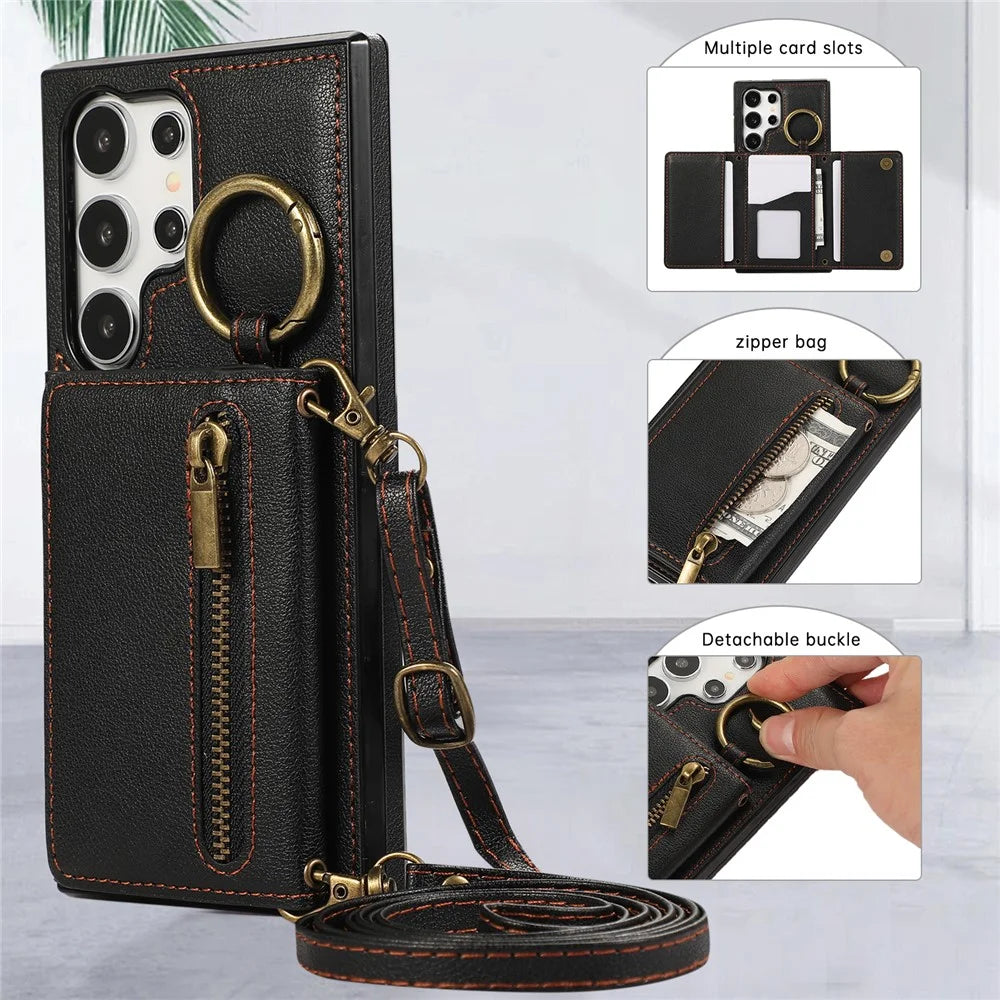 For Samsung Galaxy S25 Ultra Leather Back Cover Zipper Wallet Kickstand Phone Case with Shoulder Strap - Black - 6