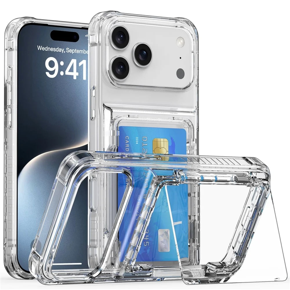 For iPhone 18 Pro Max / 17 Pro Max Clear Case PC + TPU Phone Cover Card Holder Kickstand - Transparent - 1