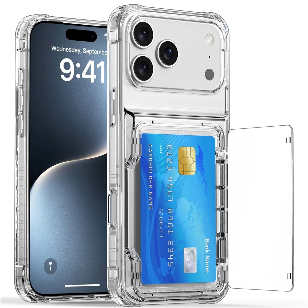 For iPhone 18 Pro Max / 17 Pro Max Clear Case PC + TPU Phone Cover Card Holder Kickstand - Transparent - 2