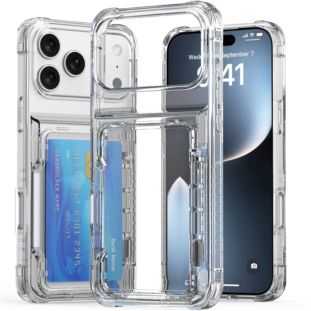 For iPhone 18 Pro Max / 17 Pro Max Clear Case PC + TPU Phone Cover Card Holder Kickstand - Transparent - 3