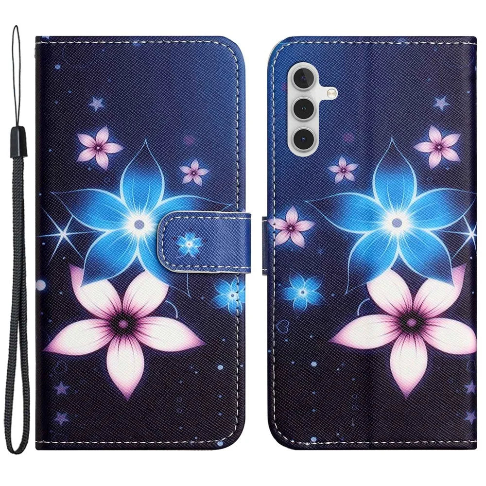 For Samsung Galaxy A14 5G / A14 4G Cross Texture PU Leather Phone Cover 3D Pattern Printing Stand Wallet Shockproof Case - Blue Flower - 1