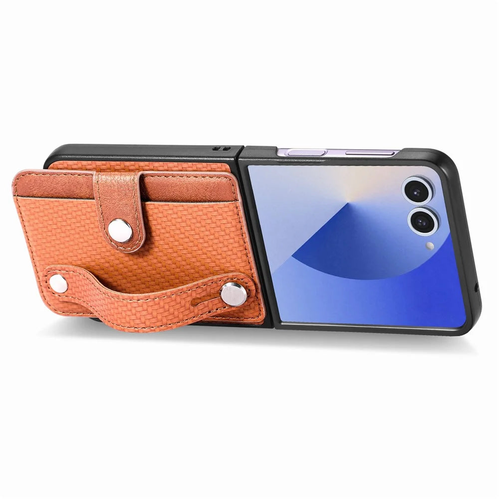 For Samsung Galaxy Z Flip7 5G Case Carbon Fiber Texture Leather Phone Back Cover with Card Holder - Brown - 3