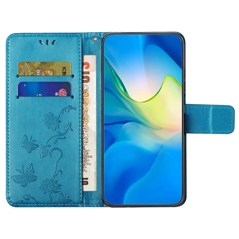 For Samsung Galaxy A14 5G / A14 4G Full Protection Butterfly Flower Imprinted Phone Case PU Leather + TPU Anti-scratch Flip Wallet Stand Cover - Blue - 2