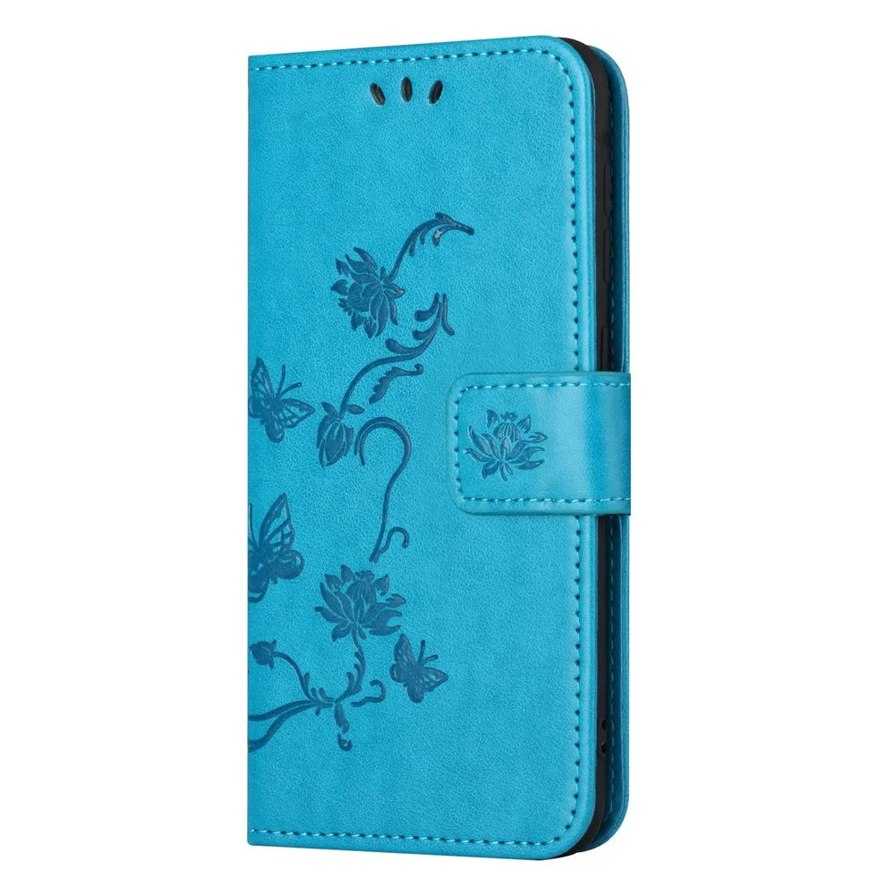 For Samsung Galaxy A14 5G / A14 4G Full Protection Butterfly Flower Imprinted Phone Case PU Leather + TPU Anti-scratch Flip Wallet Stand Cover - Blue - 4