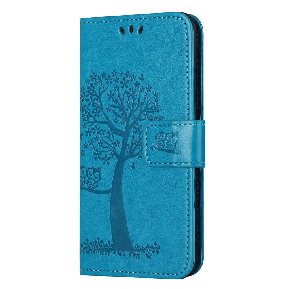 For Samsung Galaxy A14 5G / A14 4G Full Protection Cell Phone Cover PU Leather Imprinted Owl Tree Pattern Phone Case with Wallet Stand - Blue - 4
