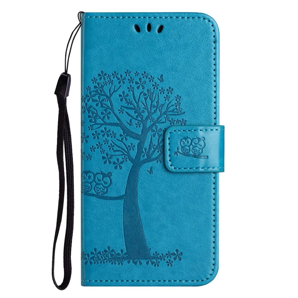 For Samsung Galaxy A14 5G / A14 4G Full Protection Cell Phone Cover PU Leather Imprinted Owl Tree Pattern Phone Case with Wallet Stand - Blue - 5