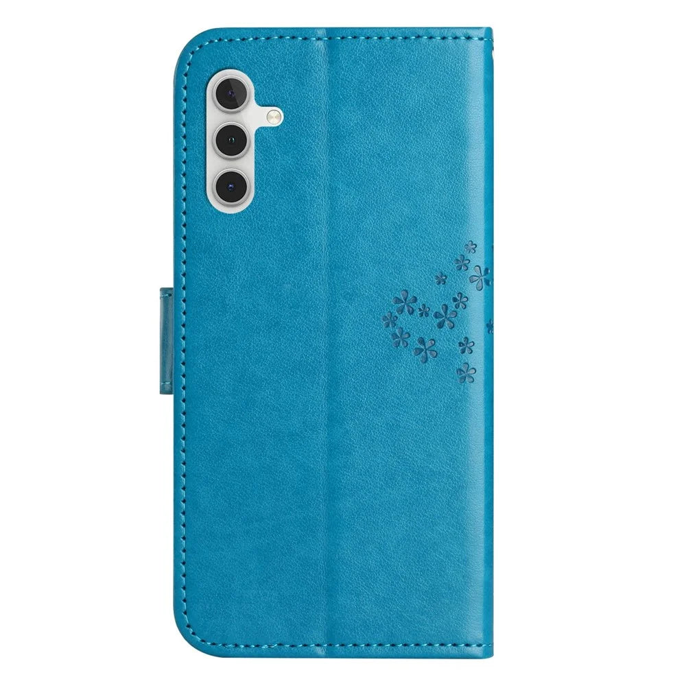 For Samsung Galaxy A14 5G / A14 4G Full Protection Cell Phone Cover PU Leather Imprinted Owl Tree Pattern Phone Case with Wallet Stand - Blue - 6