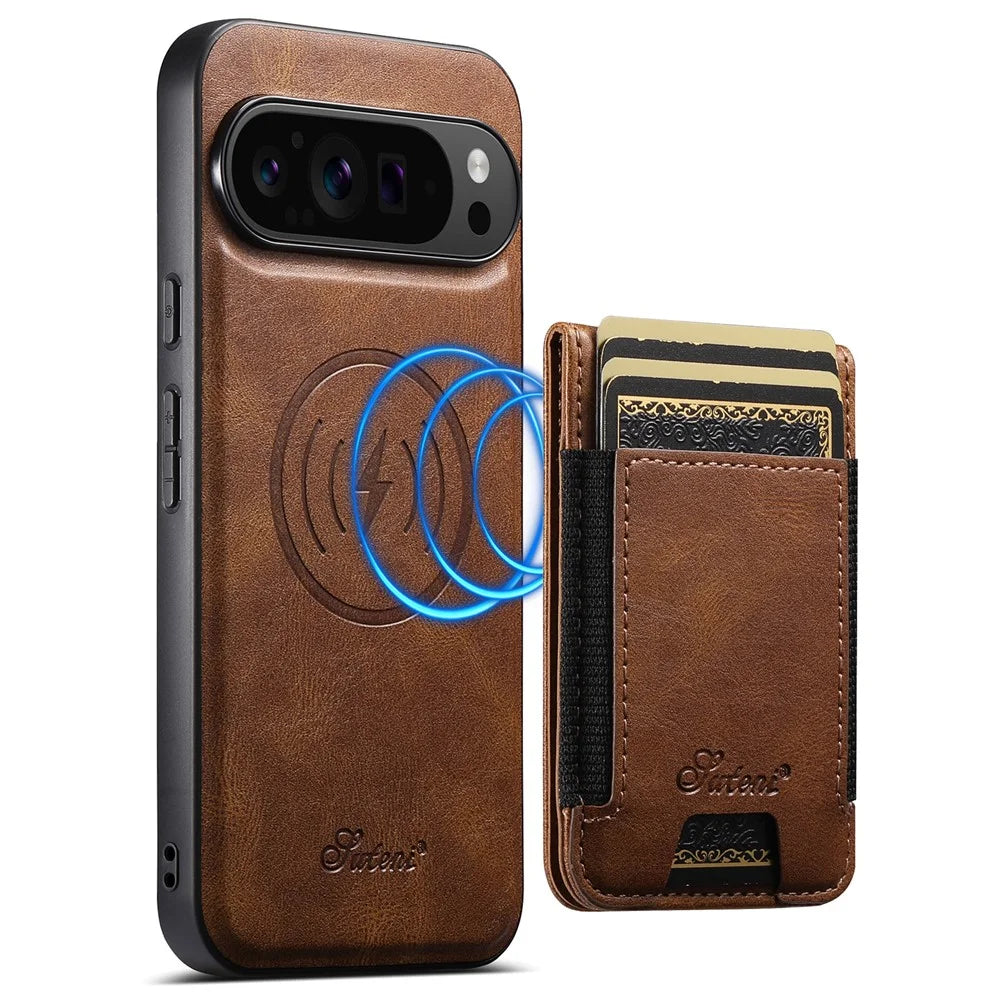 SUTENI For Google Pixel 10 / 10 Pro Magnetic Case Card Holder Kickstand Phone Cover - Brown - 1
