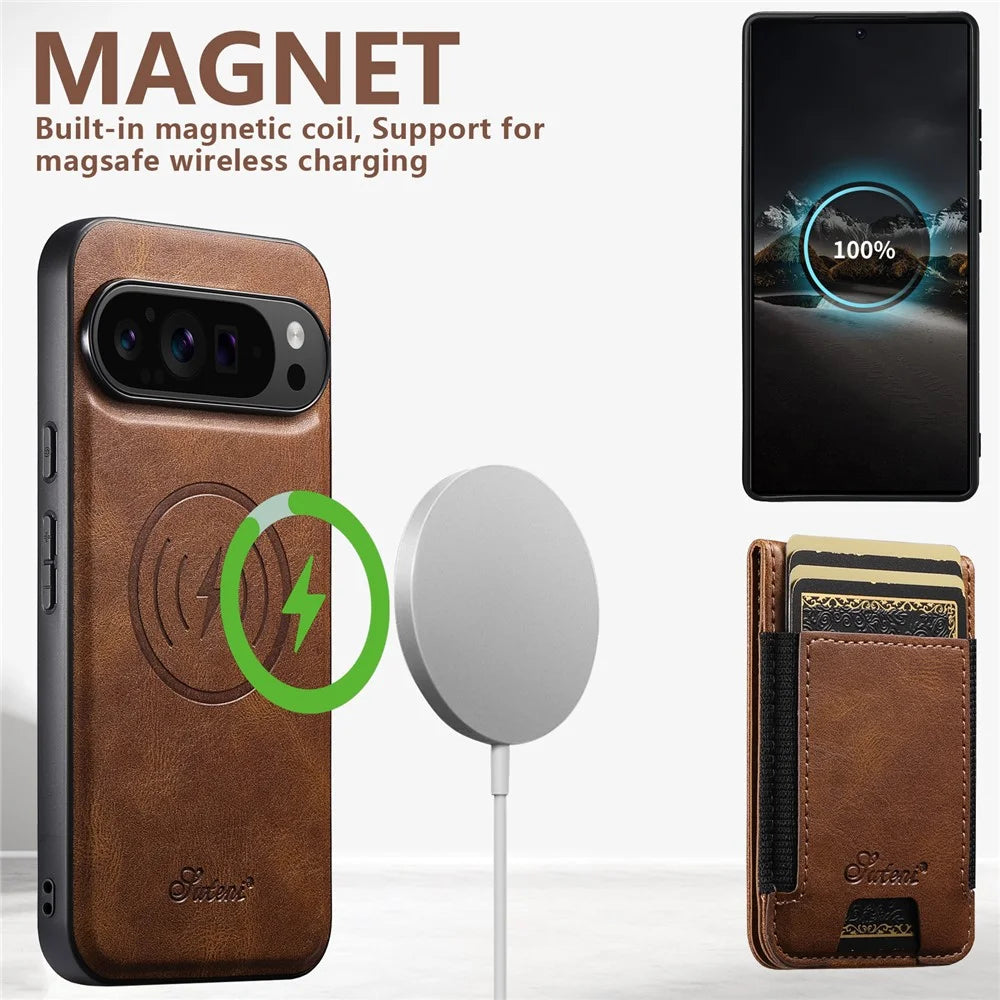 SUTENI For Google Pixel 10 / 10 Pro Magnetic Case Card Holder Kickstand Phone Cover - Brown - 3